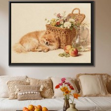 Oil Painting Pomeranian Dog Canvas Print Rustic Home Decor Floral Artwork