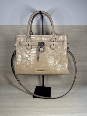 MICHAEL KORS HAMILTON MEDIUM SATCHEL SHOULDER CROSSBODY BAG ALLIGATOR BEIGE