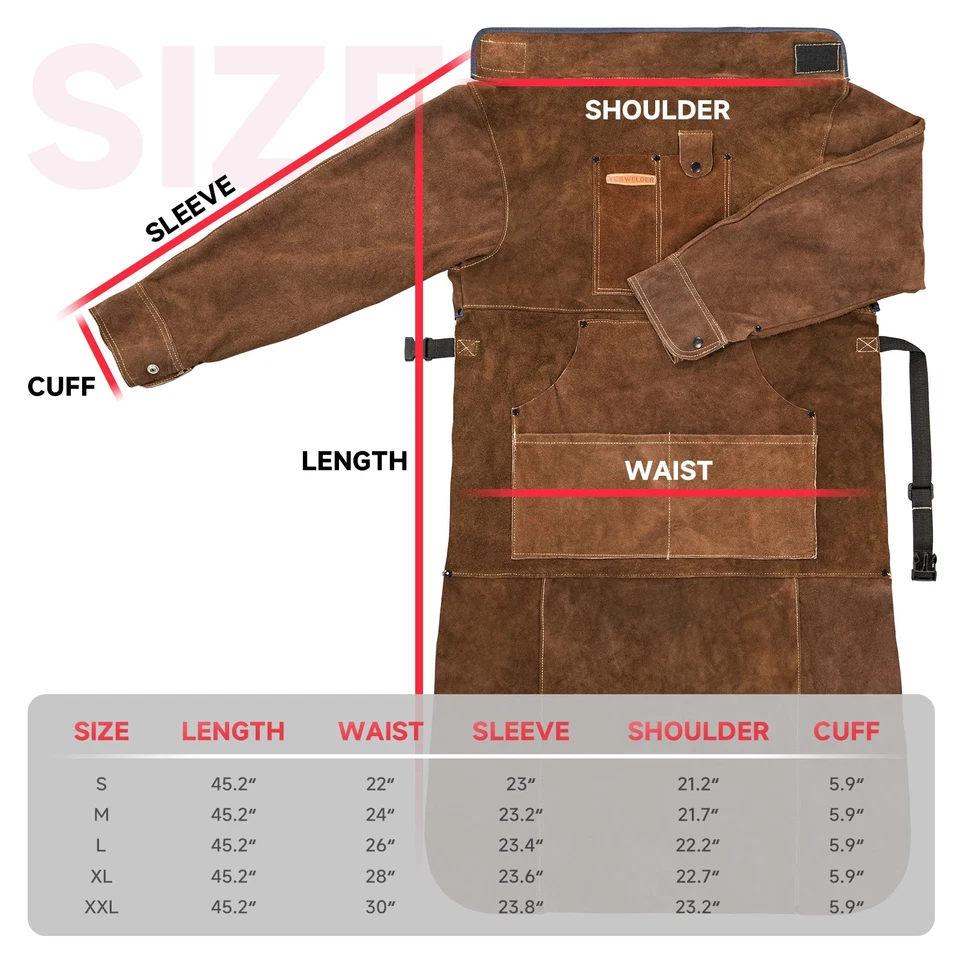 Heat Resistant Leather Welding Apron with Sleeve & 6 Pockets, Brown - Image 2 of 4