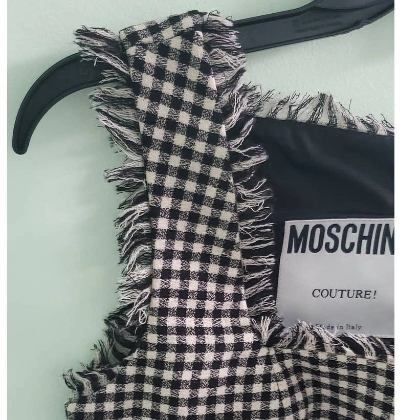 Abito Moschino Couture lana nero e panna a quadri con frange accento taglia 6