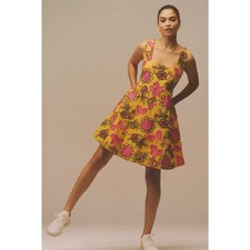 Anthropologie Eliska Embroidered Mini Dress Square Neck Yellow Pink Floral 4P