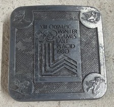 Winter Olympic Games Lake Placid XIII Ski Hockey 80s Vintage Belt Buckle 2.5x2.5
