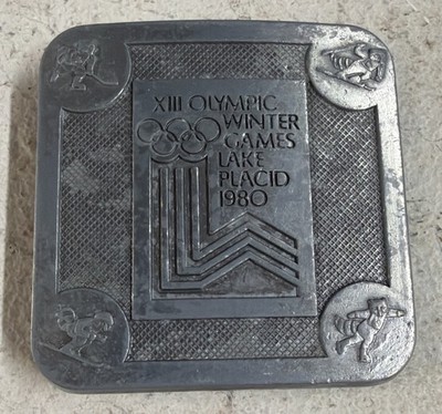 Winter Olympic Games Lake Placid XIII Ski Hockey 80s Vintage Belt Buckle 2.5x2.5