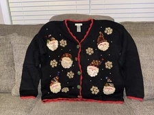 Vintage Christmas Cardigan Yarnworks Wearable Art Santas XL Grandma Core Sweater