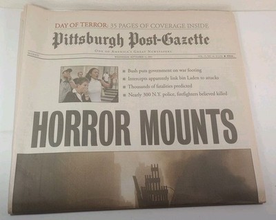 Pittsburgh Post Gazette Newspaper September 11th, 2001 (9/11) + 9