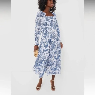 Hyacinth House Cottage Core Blue ToileSmocked Ruffle Dress Sz L, EUC