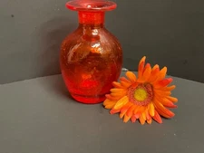 Vintage MCM Blenko? Glass Vase, Crackle Glass,  Orange, 5-1/4 Inch