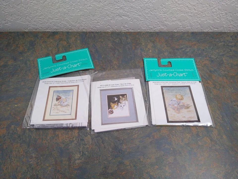 lot JUST A CHART cross stitch patterns boy with crab girl collecting shell CATS - Image 2 of 4