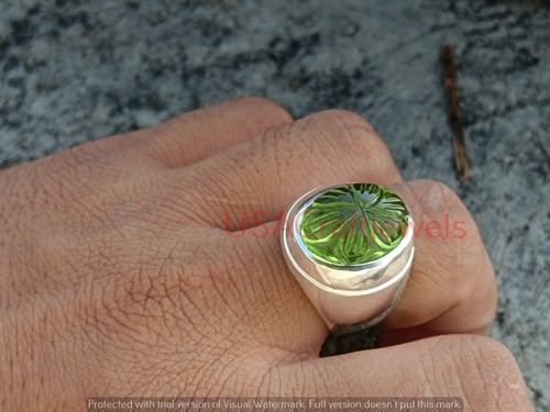Solid 925 Sterling Silver Green Peridot Zircon Carving Gemstone Men's Gift Ring - Picture 8 of 16