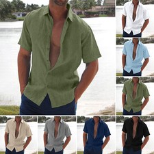 Mens Solid Linen Beach Shirts Cotton Casual Loose Short Sleeve Shirt Blouse Tees