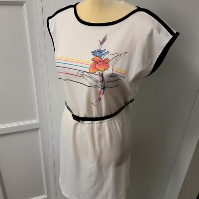 Times Up Le Temps Vintage Knit Dress White Floral Boatneck 70s 80s Size 9/10