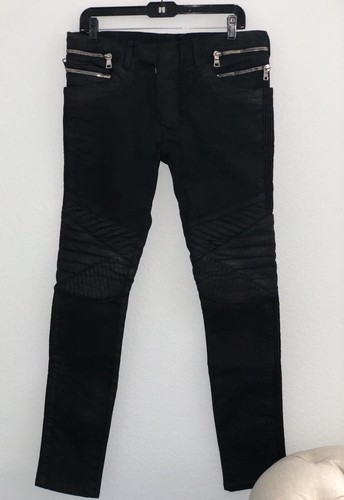 Balmain Mens Black Coated Wax Biker 