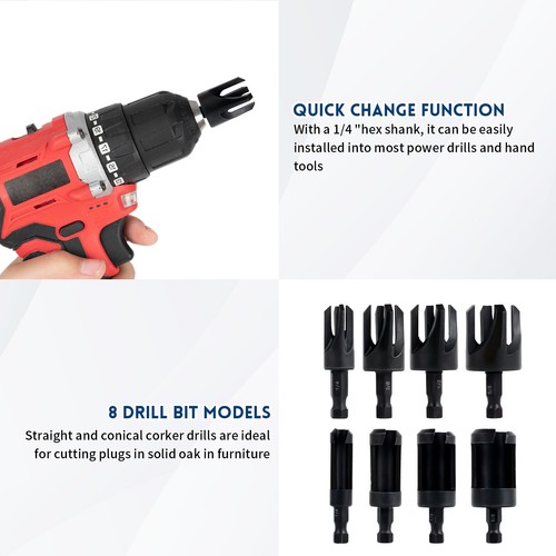 8Pcs Wood Plug Cutter Drill Bit Set 1/4 Inch Hex Shank Straight and guxIB - Picture 4 of 11