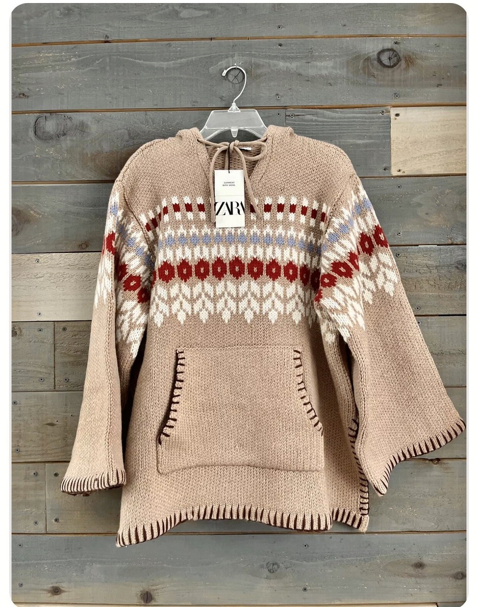 Zara Camel Jacquard Wool Blend Hooded Poncho Jumper M UK12/14 Bnwt LAST ONE!