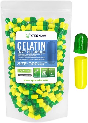 Size 000 Green & Yellow Empty Gelatin Pill Capsules Kosher Gel Gluten-Free USA
