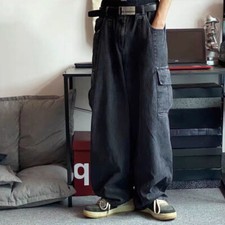 Men Baggy Jeans Denim Pants Cargo Pockets Loose Wide Leg Big Pocket Trousers
