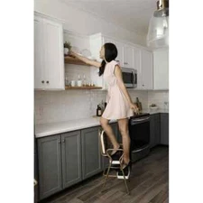 Retro Step Stool Steel Chair Flip Up Seat Gold Cream Kitchen Pantry Counter Gift