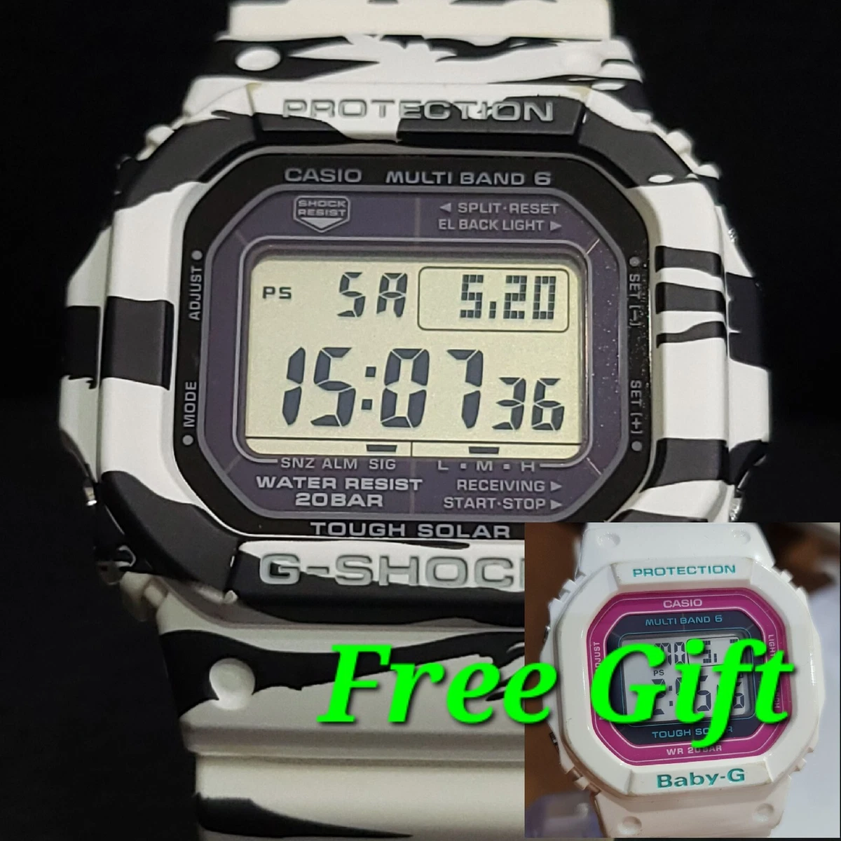 Casio G Shock GWM 5610 BW Tiger Stripes Solar Radio BGD 5000 as a free gift