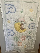 Hand Stitched Hand Made Crib Blanket Moon And Bear Ruffle Edge