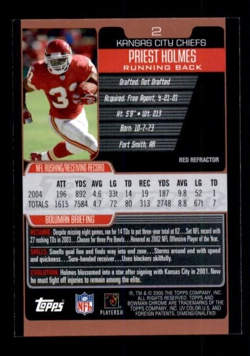 2005 Bowman Chrome Red Refractors #2 Priest Holmes. - Image 2 of 2