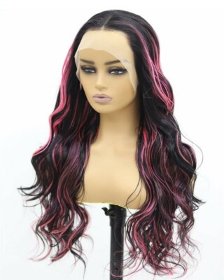 Wig HD Front Lace Black Blonde Red Human Hair Blend Highlights  Wavy Curly