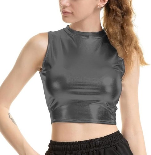 Womens & Girls Wet Look Metallic Mock Neck Turtleneck Crop Top  Metallic TankTop - Picture 2 of 35