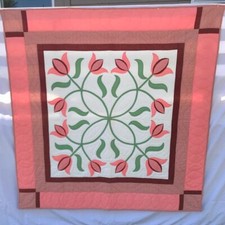 Tulip Applique Quilt Hand Stitched pink green white 68" square excellent cond.