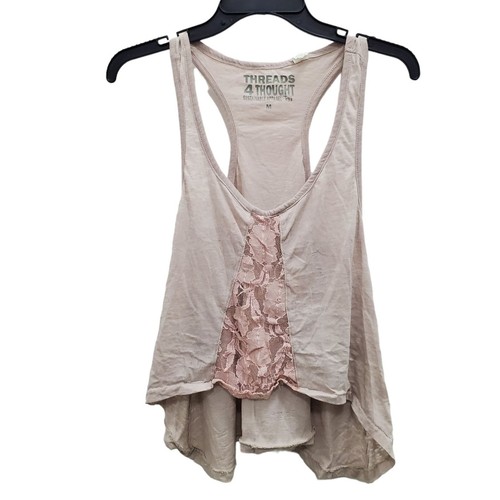 Threads 4 Thought Women's Cream Beige Pink Lace Insert Semi Sheer Burnout Tank M
