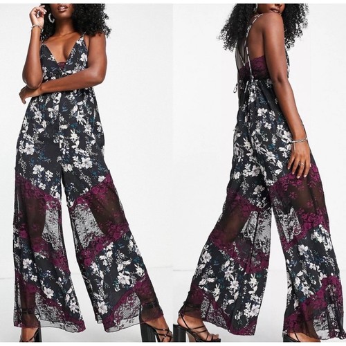 Intimately Free People Womens Love Letter Floral Lace Jumpsuit Small Midnight