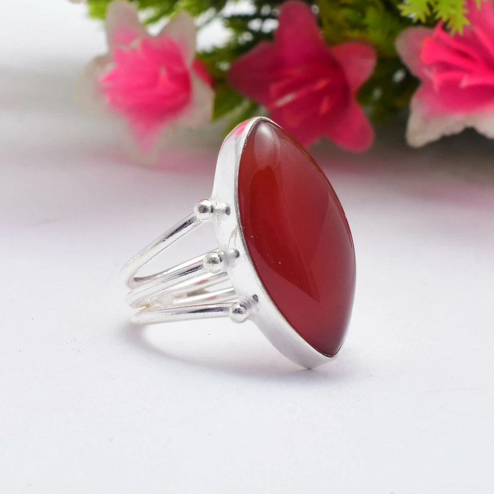 Classy Rosso Corniola Gemma 925 Argento Sterling Artigianale Anello Tutti Misura - Immagine 3 di 4