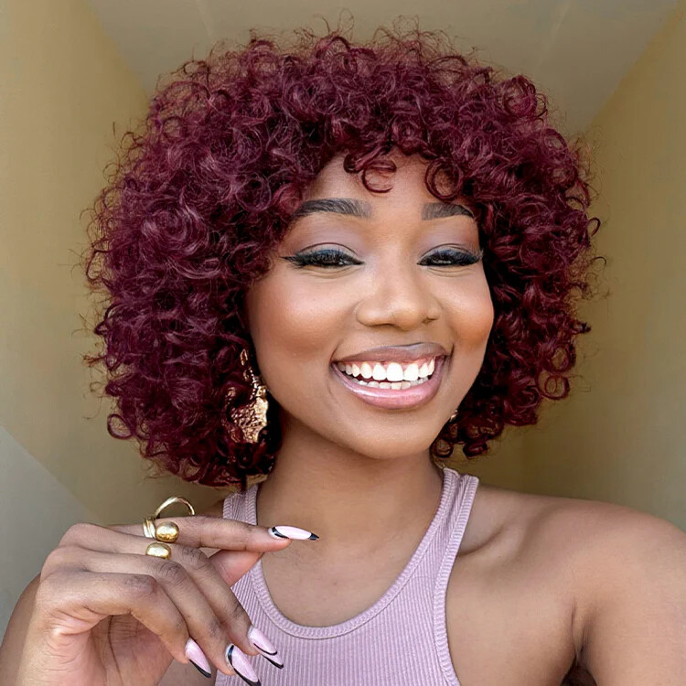 cigarette wig 99j Burgundy Deep Wave Human Hair Wig Curly Short bob None Lace Wigs for  Women