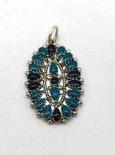 Faux (?) Turquoise And Lapis Oval Pendant Silver Tone Illegible Mark On Back