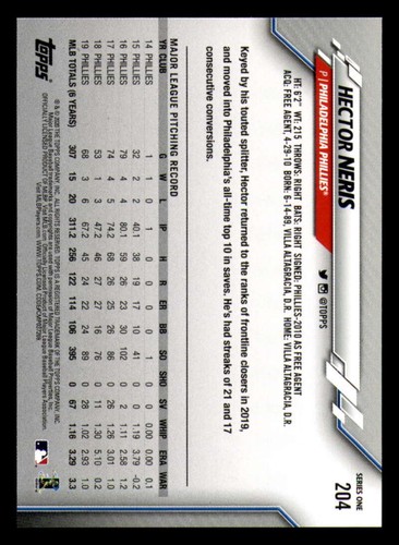 2020 Topps Orange 99 Made #204 Hector Neris - Philadelphia Phillies - Picture 2 of 4