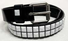 Vintage Black Bonded Leather 2-Row White Pyramid Stud Belt Punk Goth XL 32-34