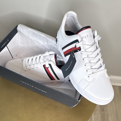 Tommy Hilfiger Men's White/Red/Black Low Top Lace-Up Athletic Sneakers Logo