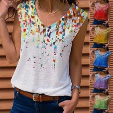 Womens V Neck Printed Tank Vest Tops Lady Summer Casual Loose Sleeveless T-Shirt