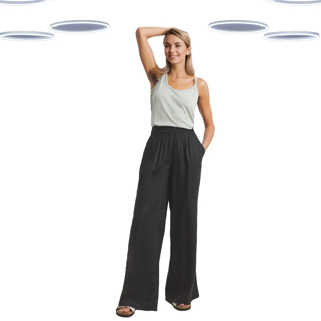 Ex Simply Be Women's Linen Wide Leg Trousers in Black