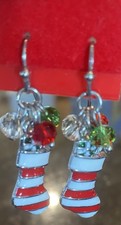 Vintage 1 1/2  Dangle Christmas Stocking Holiday Silver Tone Hook Earrings