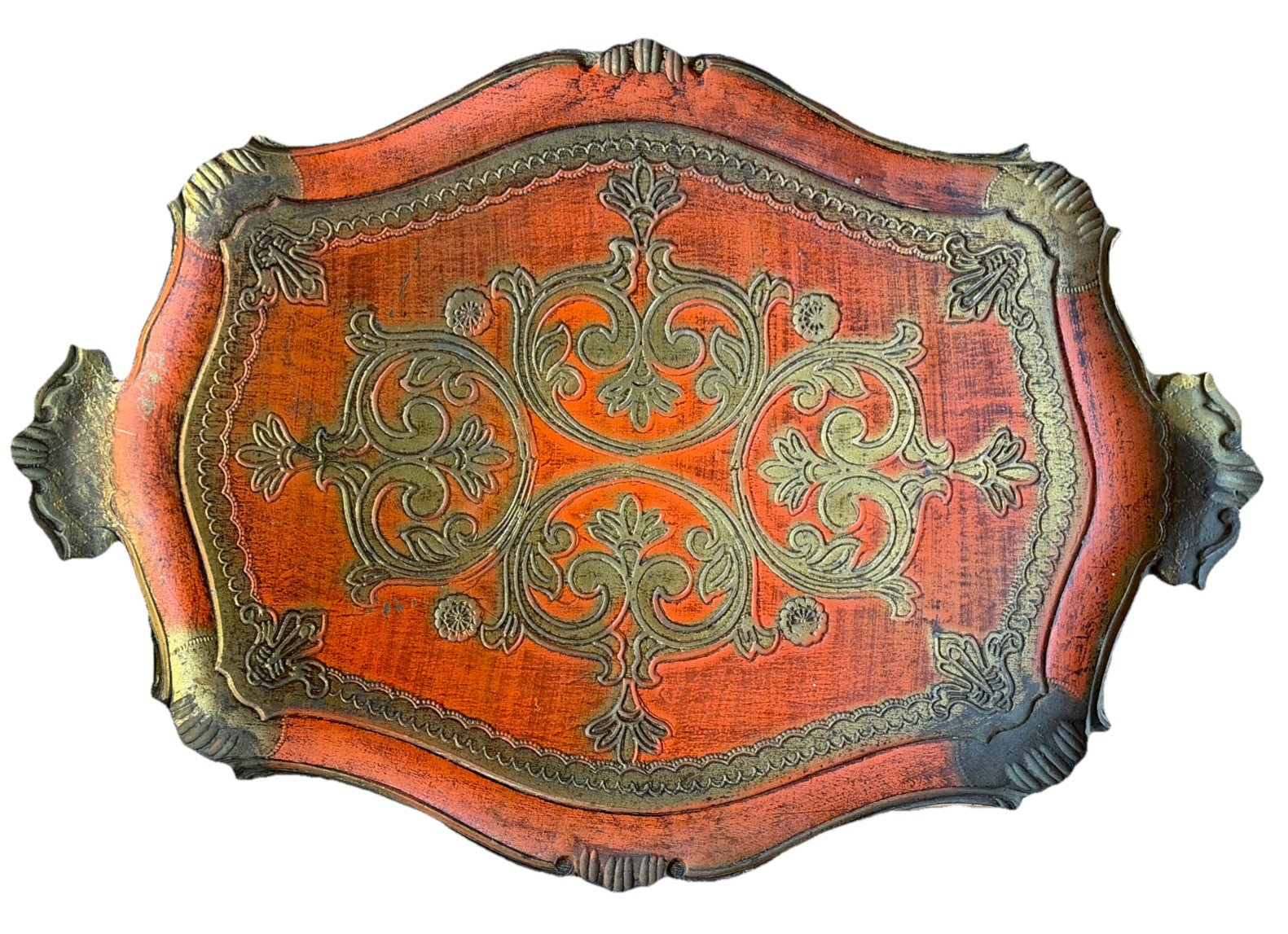 Vintage Italian Florentine Wood Tole Serving Tray Hand Painted Orange Gold 13x19