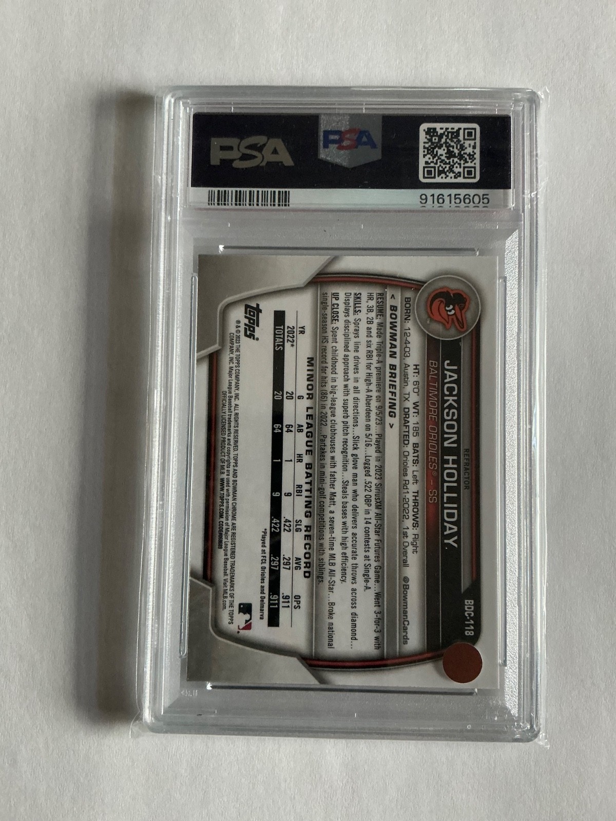 PSA 10-2023 Bowman Draft - Chrome Jackson Holliday #BDC-118 Refractor view 2