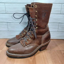 Vtg Chippewa Packer Boots Women 7M Logger Crazy Horse Suede Kiltie Made USA 90s