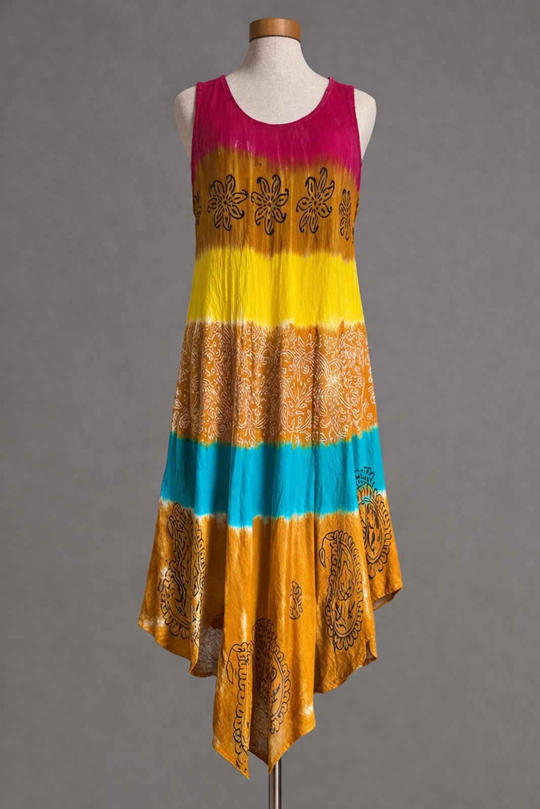 Tie Dye Midi Dress Free Size 100% Viscose Sleeveless Festival Hippie India