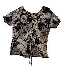 Naif Blouse Women 1X Black White Tropical Palms Elastic Hem Travel Office Casual