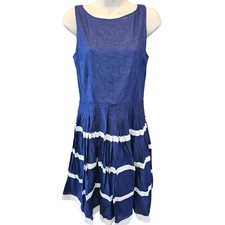 TALBOTS Fit & Flare Dress Blue White Sleeveless Pleated layered 6 career EUC 