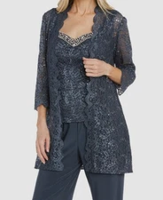 R&M Richards Women's Gray 3pc Embellished Jacket & Sleeveless Top Size 8
