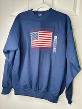 Hanes God Bless America Embroidered Flag Sweatshirt Large Blue USA NWT