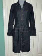 Vintage FUBU Denim Dress Womens W3/4 Blue Long Flare Sleeve Y2K Hook Front AA25