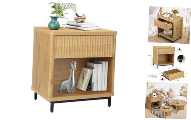 Fluted Night Stand Nightstands with Drawer Storage, 1 Piece Natural Oak