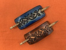 2 Leather Hair Barrettes w Sticks, Ponytail Flowers Floral Vine Handcrafted 287