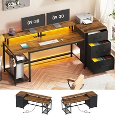 59" Office Desk with Drawers, LED Lights &Power Outlet, Reversible Computer Desk